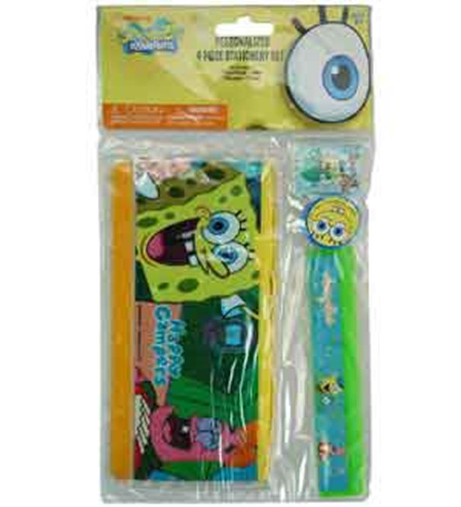 Spongebob-themed 4-piece stationery set with yellow ruler, pencil, eraser, and sharpener featuring colorful cartoon designs.