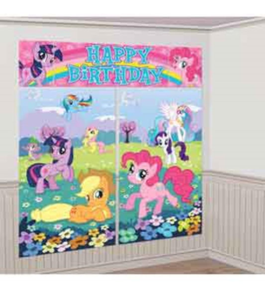 Colorful My Little Pony wall decal with six characters on a grassy birthday scene under a Happy Birthday rainbow banner.