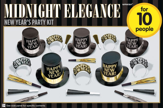 New Years Eve 10 Person Midnight Elegance Kit Black Silver Gold
