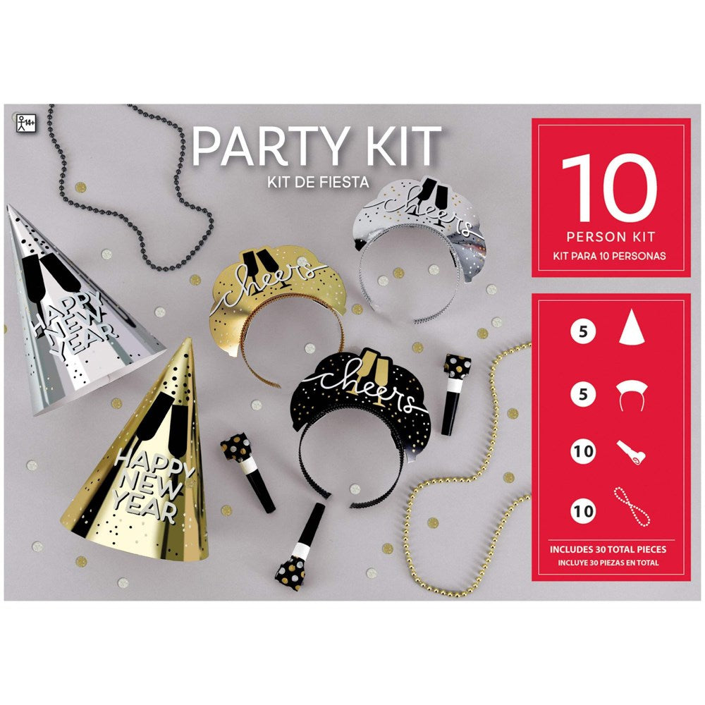 Set of 10 New Year's party accessories including black, silver, and gold cone hats, beaded necklaces, and decorative.