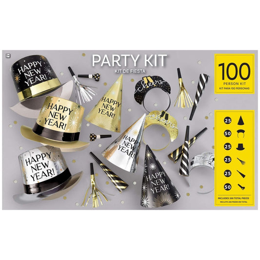 Black, silver, and gold New Year's Eve party kit with hats, noise makers, blowouts, and crowns for 100 people.