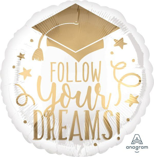 Anagram Graduation Follow Your Dreams White & Gold 17in Foil Balloon