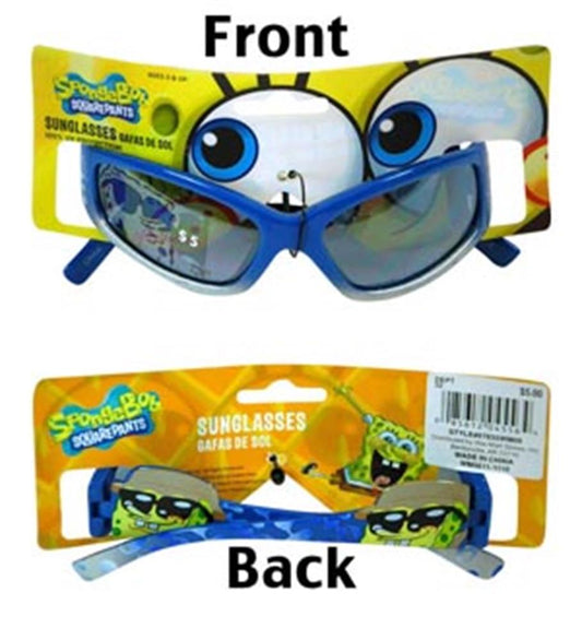 Blue kids sunglasses with reflective lenses and Spongebob Squarepants-themed packaging.