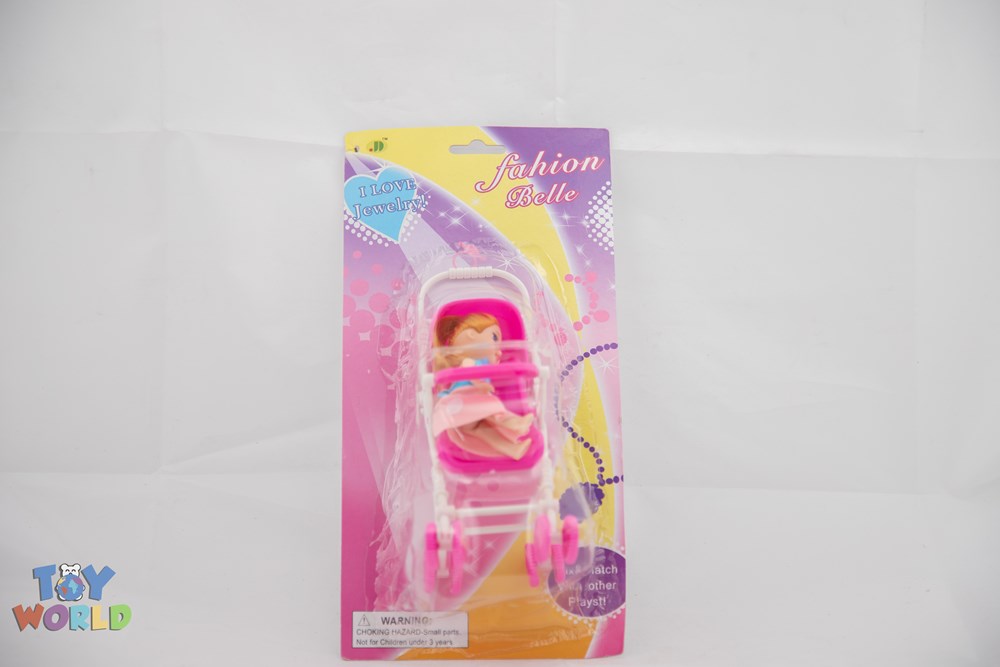 Mini doll wearing pink outfit seated in matching pink stroller on colorful blister card packaging labeled Fashion Doll.