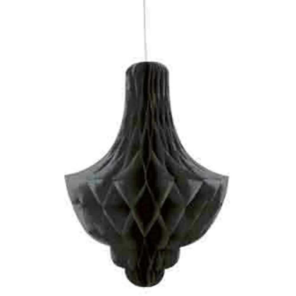 Black honeycomb paper chandelier decoration with a flared, tiered shape hanging by a string.