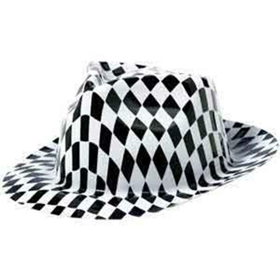 Black and white diamond-patterned 50s style fedora hat with a wide brim.