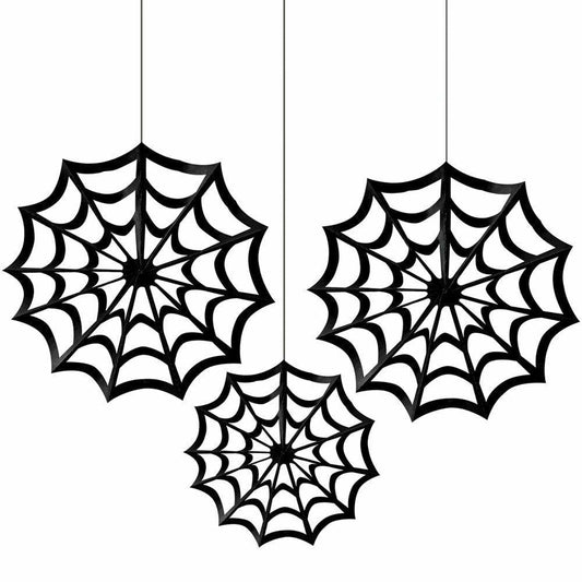 Classic Black & White Spiderweb Fan Decor 3ct - Toy World Inc