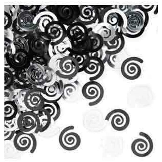 Black and gray swirl confetti scattered on white background.