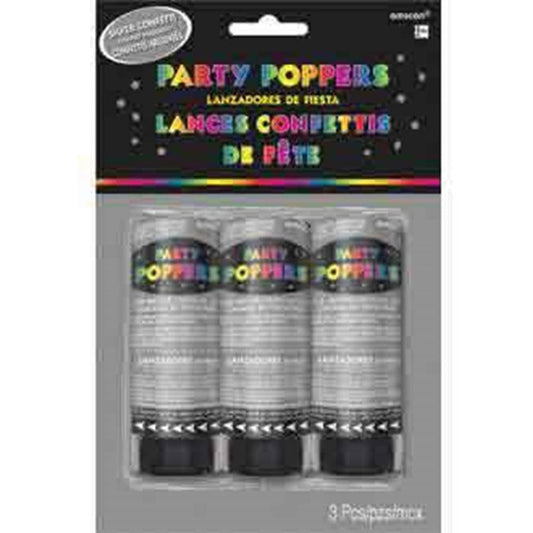 Confetti Party Poppers 3Pk Silver - Toy World Inc