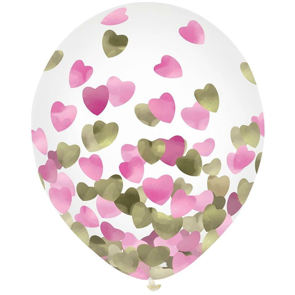 Confetti Pink Hearts and Gold Foil 12in Latex Balloon 6ct - Toy World Inc