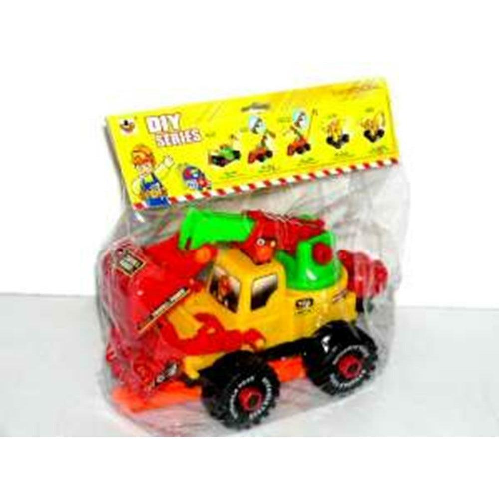 Yellow and red construction toy truck with crane and black wheels in clear plastic bag packaging.