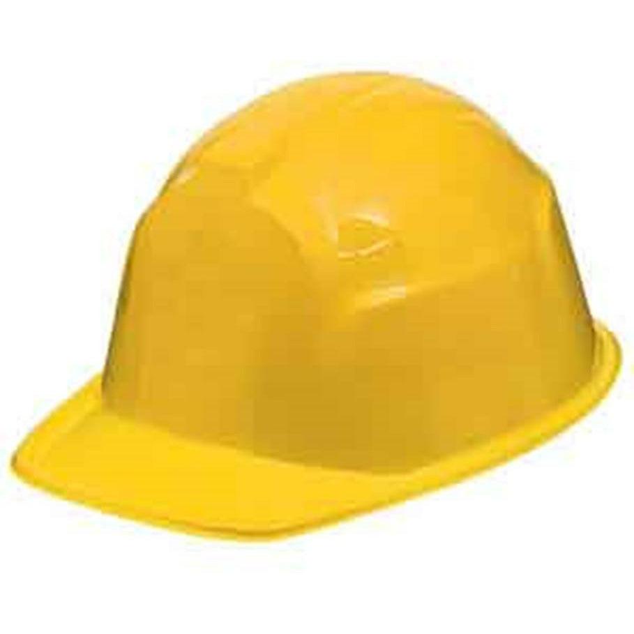 Bright yellow plastic construction hat with smooth rounded top and short brim.