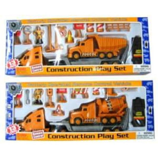 13-piece kids construction play set with orange dump truck, cement mixer, and various tools in packaging.
