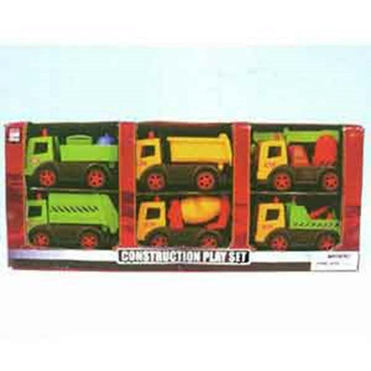 Five-piece construction toy set with green, yellow, and orange trucks in a red and white box.