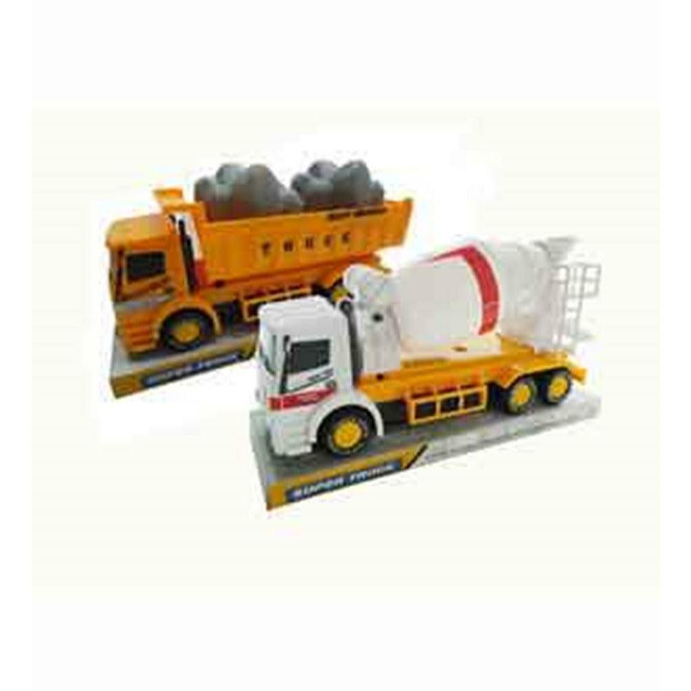 Yellow toy dump truck with grey rocks and white toy cement mixer truck with red stripe, 11-inch scale.
