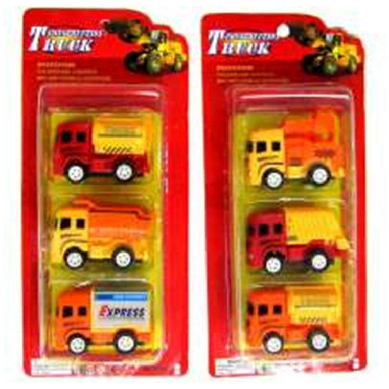 Set of three miniature construction trucks in red, yellow, and orange, packaged on red backing cards.