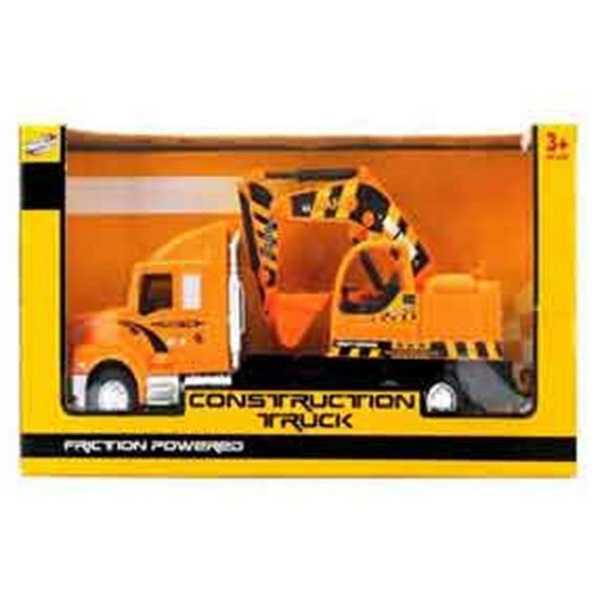Orange construction excavator toy truck with black details in yellow retail box.