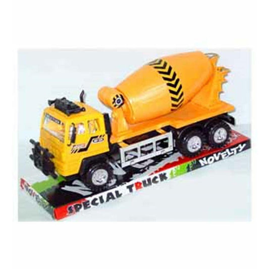 Yellow and black toy cement mixer truck with rotating drum on display card.