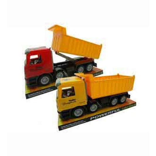 Two toy construction trucks with red and yellow cabs and raised yellow dump beds on black wheels.