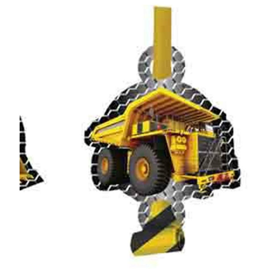 Yellow construction dump truck hanging decoration with black and yellow striped hook and metal plate background.