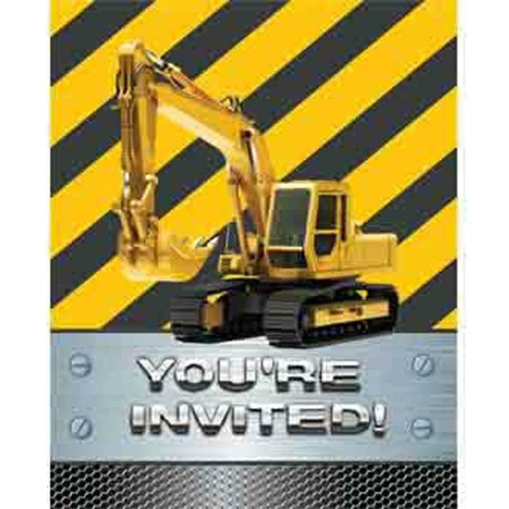 Yellow excavator on black and yellow striped background with "You're Invited!" text on metallic plate.