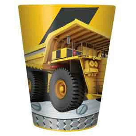 Yellow construction dump truck graphic on a 16oz reusable kid’s cup with tire tread base design.