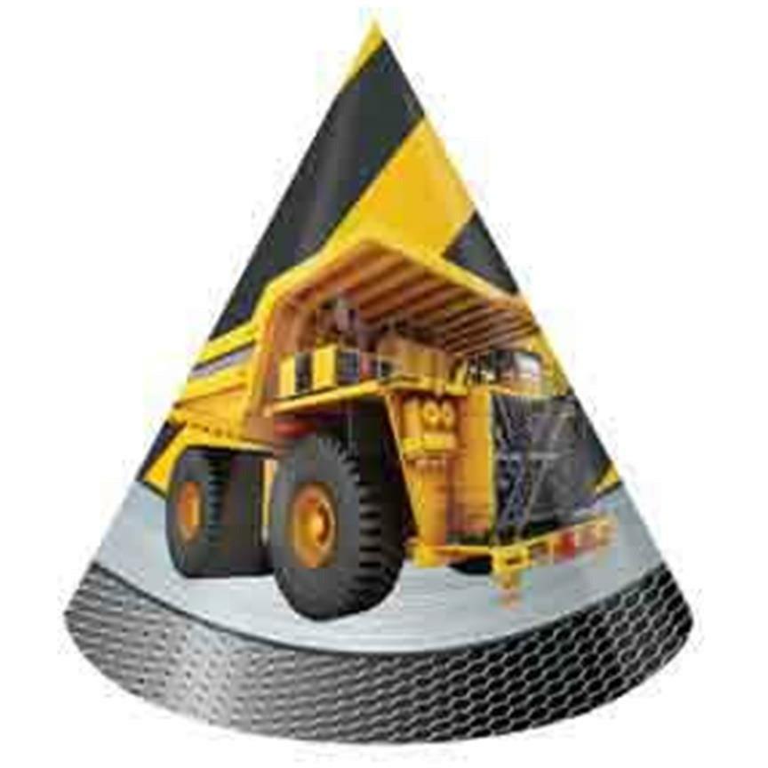 Yellow dump truck construction theme party hat with black and yellow stripes and tire tread pattern base.