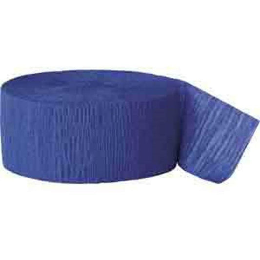 Royal blue crepe paper streamer roll with textured surface, partially unrolled end visible.