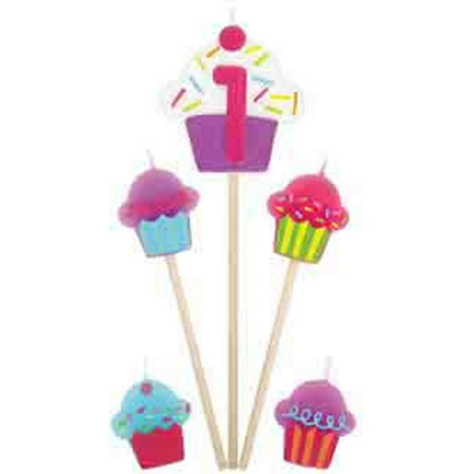 Set of five colorful cupcake-themed candle picks with one featuring a pink number 1 and others shaped like decorated.