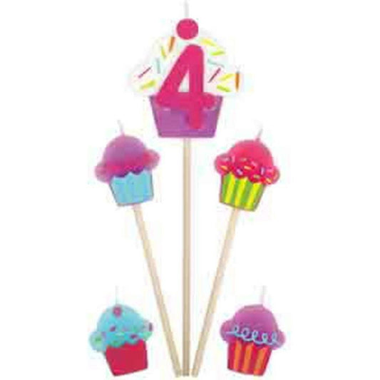 Number 4 cupcake candle pick with colorful sprinkles, plus four smaller cupcake candle picks in pink, blue, red, and purple.