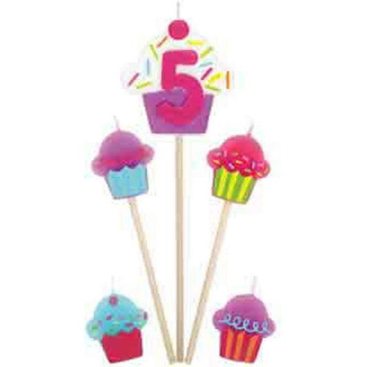 Set of five colorful cupcake-themed party picks with one featuring a pink number 5 candle and multicolored sprinkles.