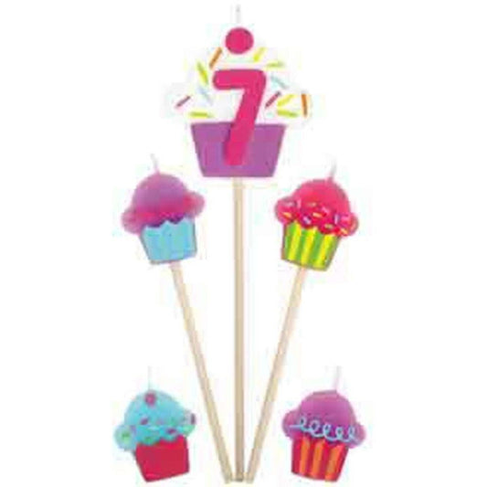 Colorful cupcake-themed candle picks with a large pink number 7 and sprinkles design.