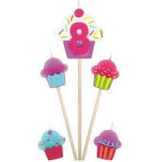 Set of five colorful cupcake-themed candle picks including a pink number 8 with sprinkles and four small cupcakes in various .