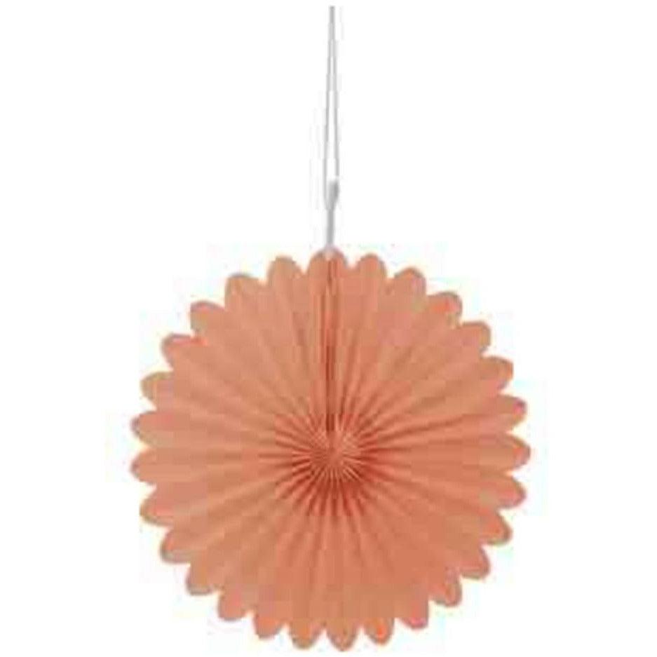 Set of three pastel coral paper deco fans, 6-inch size, scalloped edges, hanging design.