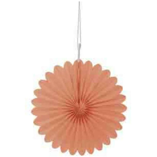 Set of three pastel coral paper deco fans, 6-inch size, scalloped edges, hanging design.