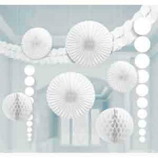 Set of nine white paper party decorations including fans, hanging balls, and honeycomb spheres.