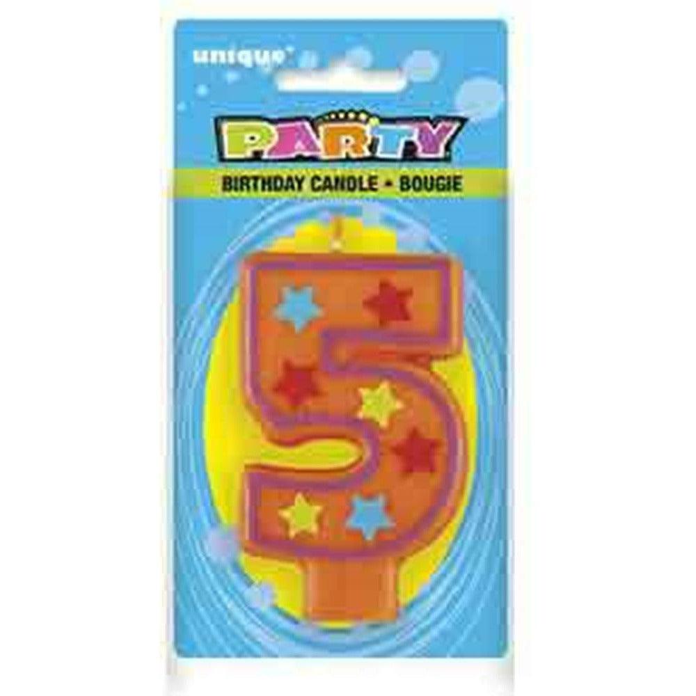 Orange number 5 birthday candle with colorful star decorations in clear packaging.