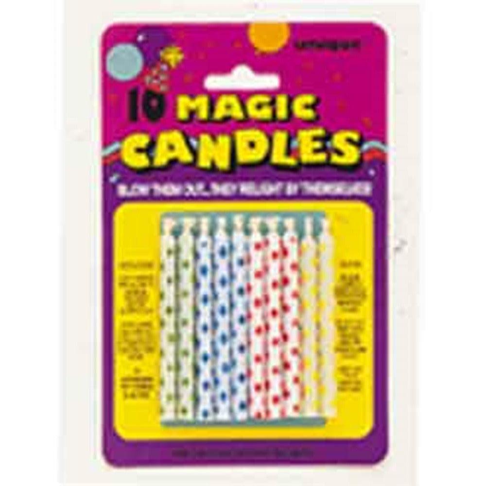 Set of 10 magic candles with diamond dot patterns in red, blue, green, and yellow on white sticks.