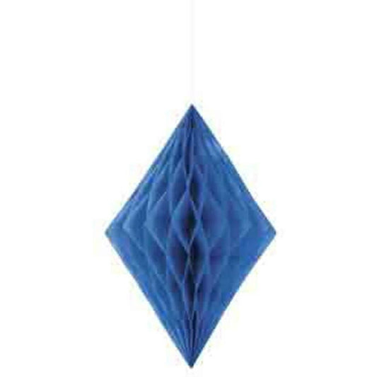 Royal blue diamond-shaped paper honeycomb decoration hanging by white string.