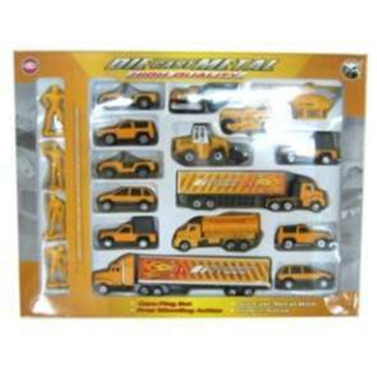 Die cast construction vehicle set with trucks, excavators, and cranes in yellow and black colors.