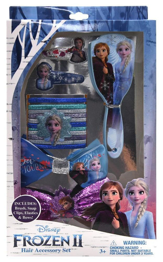 Frozen2 Hair Accessory Set Brush Glitter Bow W Charm Printed Bow 2 Snapclips 12 Elastics W Charm 6.75x1.5x12 - Toy World Inc