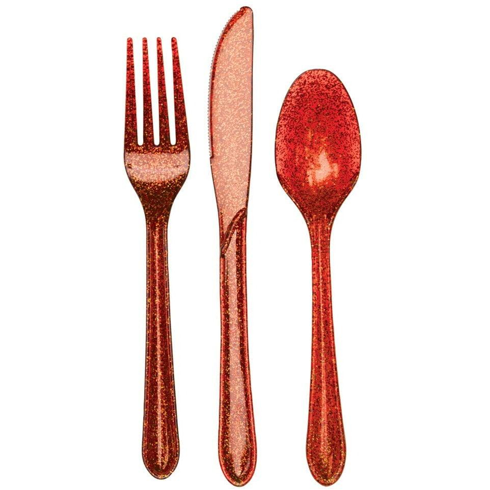 Glitz Premium Cutlery Assorted Red Glitter 24ct - Toy World Inc