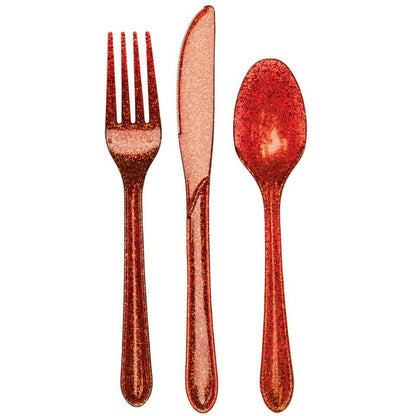 Glitz Premium Cutlery Assorted Red Glitter 24ct - Toy World Inc