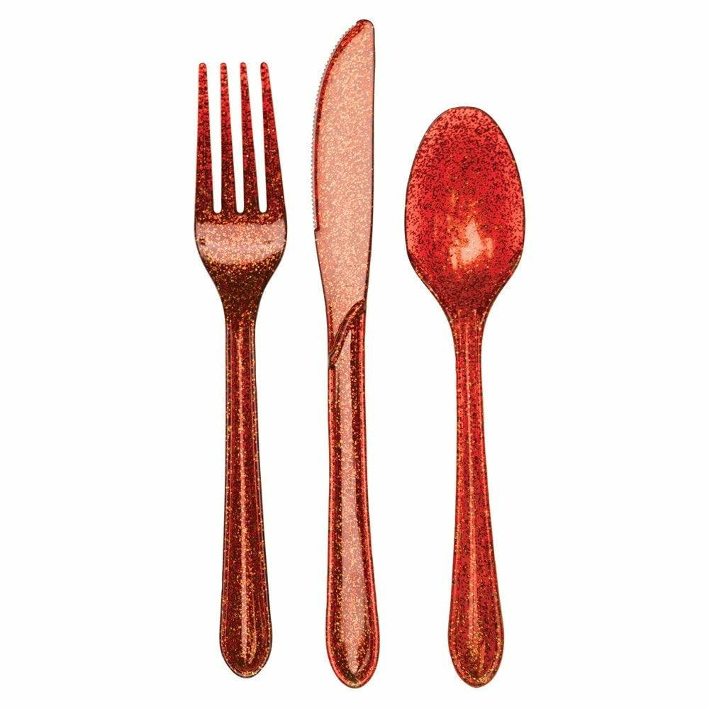 Glitz Premium Cutlery Assorted Red Glitter 24ct - Toy World Inc