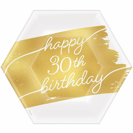 Golden Age Birthday Metallic Hexagon 7in Plate 30th 8ct - Toy World Inc