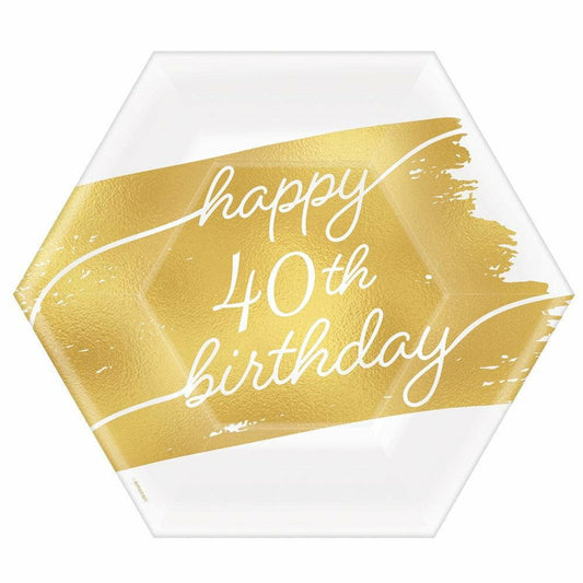 Golden Age Birthday Metallic Hexagon 7in Plate 40th 8ct - Toy World Inc