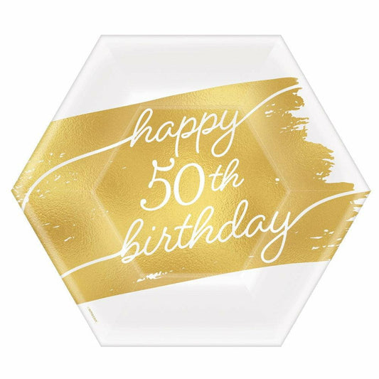 Golden Age Birthday Metallic Hexagon 7in Plate 50th 8ct - Toy World Inc