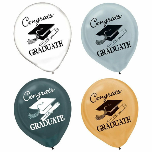 Graduation 12in Latex Balloons Gold Silver Black and Clear 15ct - Toy World Inc