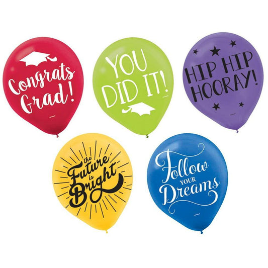 Graduation Printed 12in Latex Balloons 15ct - Toy World Inc