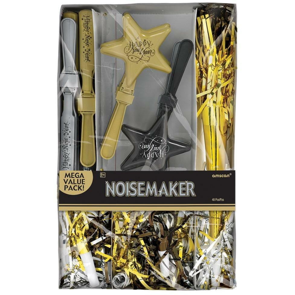 Happy New Year Noisemakers Black Silver Gold 40ct. - Toy World Inc